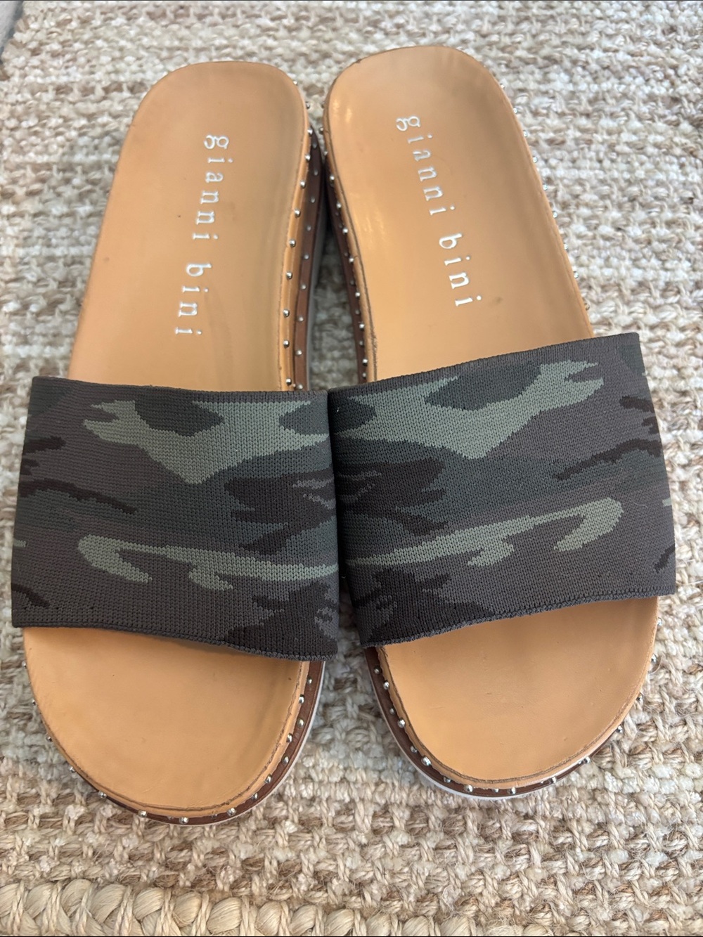 Gianni Bini Camo Slide Sandals in Olive and Tan